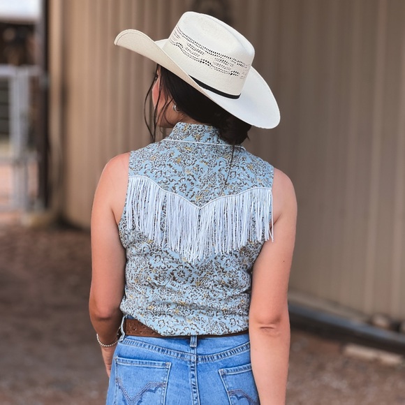 Rock & Roll Cowgirl Blue and White Button Down Shirt - Picture 2 of 5